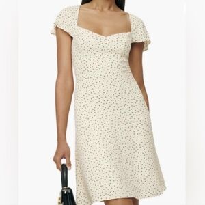 Reformation Novia Dress In Cream And Black Polka Dot